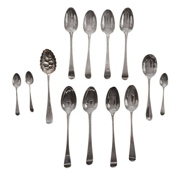 Twelve Hester Bateman English Silver: Spoons English, 1761-1790, group of twelve spoons with marks for Hester Bateman, all with round handles, several with engraved decoration, one with later repousse decorated bowl; with one early spoon,