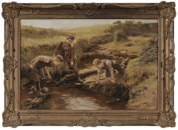John Hodgson Campbell: (British, 1855-1927) Truants and Trolls, 1893, signed lower right "J. Hodgson Campbell", and signed, titled and inscribed verso canvas, oil on canvas, 19-7/8 x 30-1/8 in.; gilt wood and composition fr