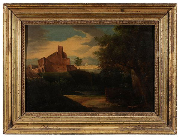 British School: (19th century) Italianate Landscape with Castle on a Cliff, unsigned, oil on panel, 18 x 25-5/8 in.; original 19th century lemon gilt frame, yellowed varnish, abrasions; frame with abrasions