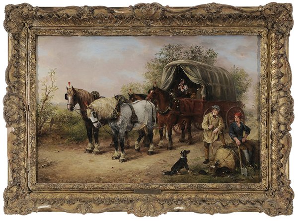 Edwin Frederick Holt: (British, 1830-1912) Travelers Resting on a Road, signed lower left "E.F. Holt. 1889.Prize Medt RA.", oil on canvas, 20 x 30 in.; gilt wood and composition frame, lined with wax and linen, crackle, mi