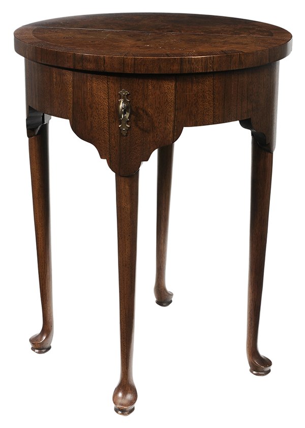 Queen Anne Style Diminutive: Burlwood Games Table modern reproduction by Tomlinson, 23 x 18 x 9 in., opens to 18 in., generally good condition, minor surface flaws. Provenance: Estate of the late Carrie Chamberlain Davis, Winston