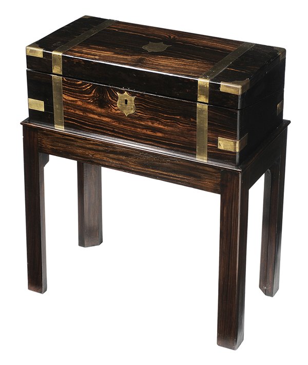 Fine Calamander and Brass-Banded: Lap Desk on Stand Scottish, 19th century, calamander or kingwood veneers with brass straps and inlaid brass plaque inscribed "Presented to Mr. A. Thompson by his pupils Cupar-Fife Xmas 1875", purple l