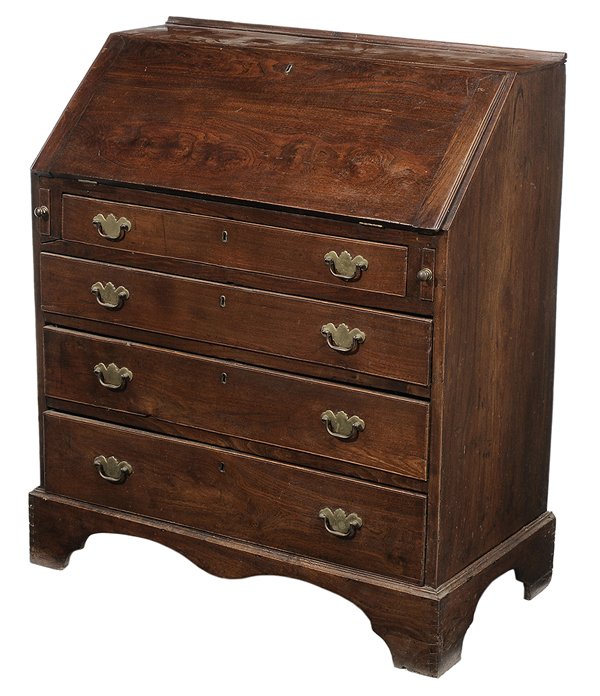George III Walnut Slant-Front Desk: British, 18th century, dovetailed drawers with elm and pine secondary, fitted interior, inlaid prospect door, original straight bracket feet, 40-1/2 x 35 x 19 in., replaced brasses, some sun fading, r
