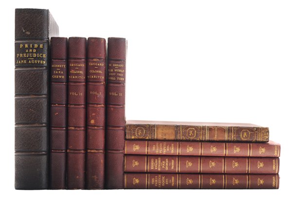 Twenty-Five Assorted Leather-Bound: Books Including Austen, Thackeray and Collins three-quarter leather Jane Austen, [Pride and Prejudice,] Hugh Thomson illustrated edition, [a near fine copy rebound in three-quarter leather over tan cl