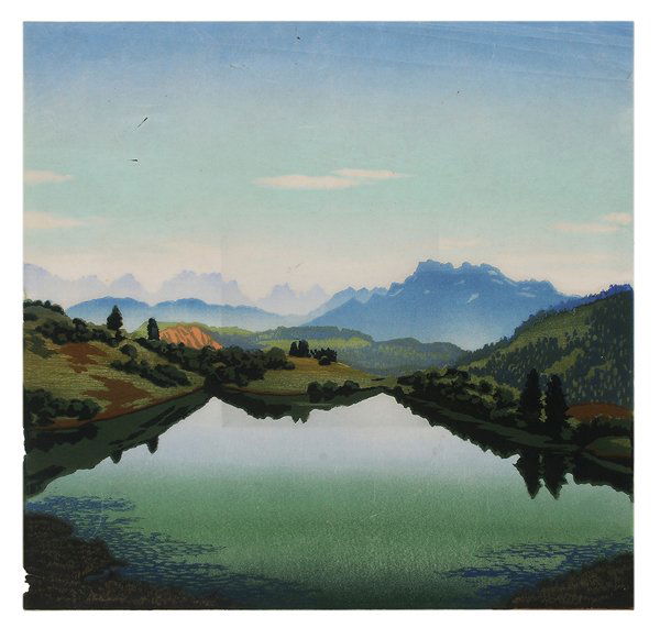 Karl Pferschy: (German, 1888-1930) Mountain Lake, No. 15, signed lower right in pencil "Karl Pferschy" and titled lower left, color woodcut on mulberry paper, 16-1/4 x 16-3/4 in.; gilt wood frame, light foxing and g