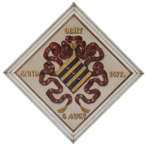 Continental School: (19th century) Armorial "Obit Anno 1877./ 6 Augti.", unsigned, oil on canvas, 55 x 55 in.; original white painted frame, original stretcher, grime, crackle, cupping, cleavage, accretion. Provenance: N