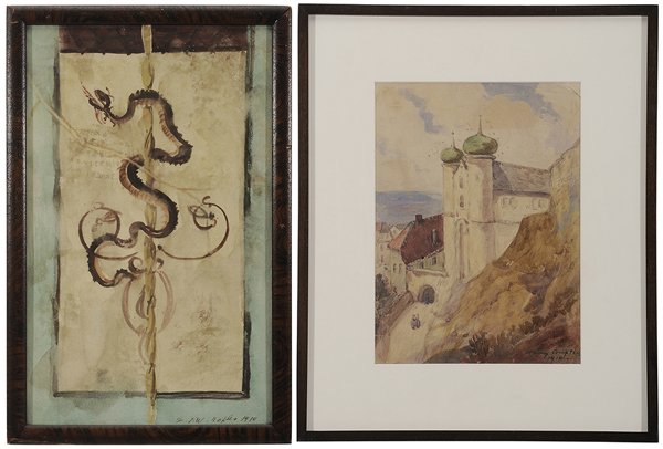 European School: (early 20th century) Two watercolors: Village with Church, signed lower right "Harry Compton/1910" (Harry Eugene Compton, British, active 1907-1933), 13-1/8 x 9-5/8 in.; Snake and Stick, sketch of and