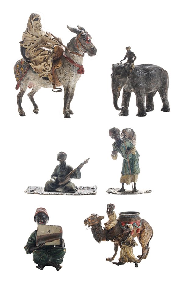 Six Austrian Cold-Painted Bronzes: late 19th century: figure of an Arab woman riding a donkey, vasiform impressed mark with "B" for Frans Bergman, [lacking one rein for donkey, extensive surface wear to paint;] figure of an Arab riding
