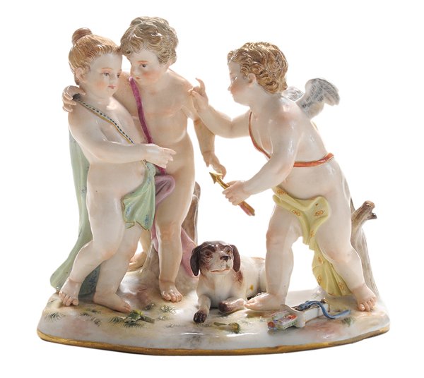 Meissen Porcelain Figural Group,: Amorous Couple With Cupid and a Dog German, probably 19th century, base with crossed swords mark in underglaze blue and inscribed "1559", 5-1/2 in., good condition with light surface dirt and wear, un