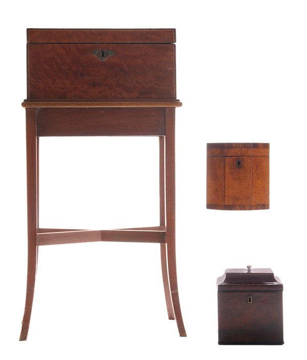 Three George III Inlaid Tea Caddies: English, 19th century: one rectangular with brass bail pull, inlaid corners, satinwood-lined interior with hinged boxes flanking center well, on modern stand, 25 x 13 x 7 in., [minor veneer losses, so