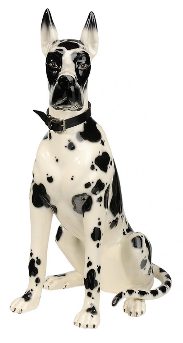 Modern Ceramic Figure of Great Dane: probably Italian, the seated black and white dog fitted with leather collar, 31-1/4 in., good condition with light surface dirt. Provenance: Estate of Jane Taylor, Lake Toxaway, North Carolina