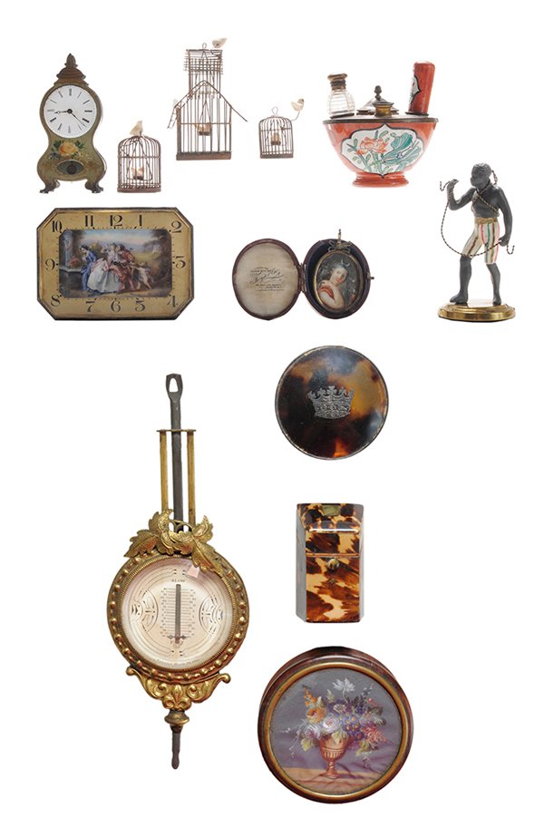 Nine Decorative Clocks and Table: Articles Continental, 19th and 20th century: octagonal brass-cased and enameled table clock, French, early 20th century, 3-1/2 x 5 in., [not currently working;] with a miniature painted tole mantle cl