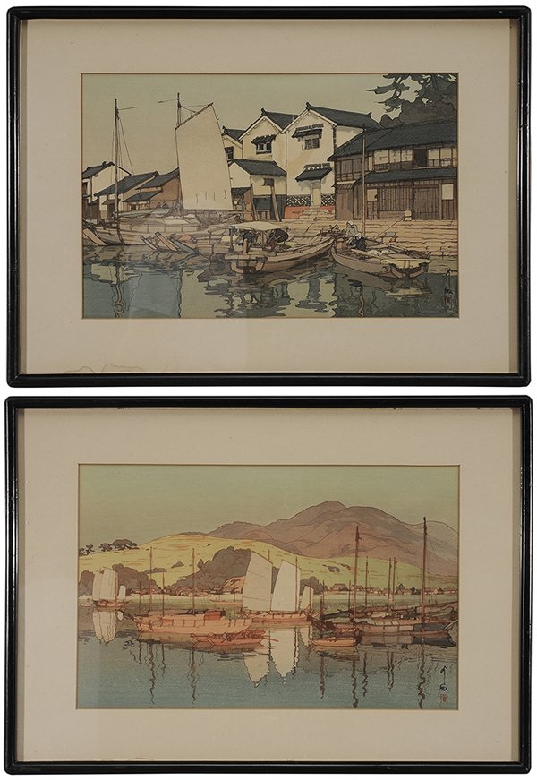 Hiroshi Yoshida: (Japanese, 1876-1950) Two Japanese woodblock prints: two harbor scenes, both with stamped signatures and titles, posthumous edition, each 9-1/4 x 14-1/2 in. (sight); black-painted wood frames, prints 
