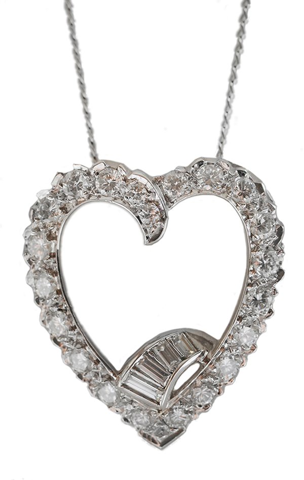 Diamond Slide Pendant: open-heart slide pendant, 23 round brilliant diamonds and four straight baguettes, estimated total diamond weight 1.0 cts., VS-SI clarity, G-I color, "14K" white gold, 1 x 3/4 in., on 14 in. "14" kt. 