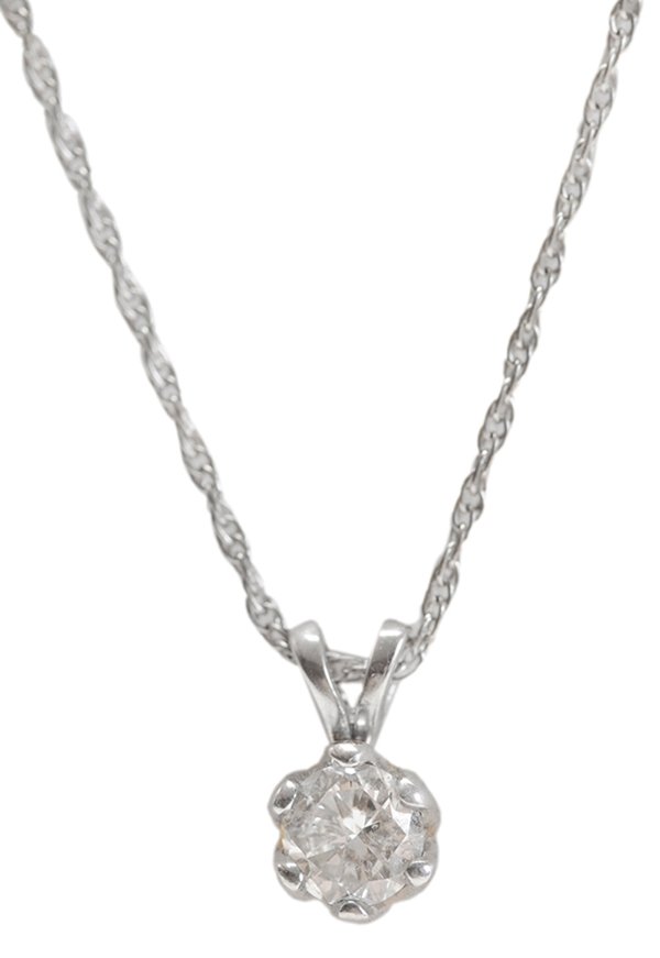 Solitaire Diamond Pendant Necklace: one prong-set round brilliant cut diamond, estimated weight 0.45 cts., SI-2 clarity, H-I color, in a 14 kt. white gold basket setting, "14-karat" white gold chain with spring ring clasp, 16 in., gross