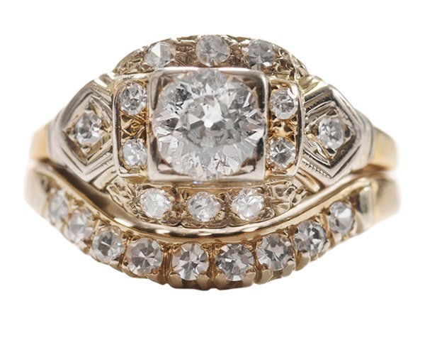Wedding Set, 14 Kt. Yellow Gold and: Diamonds Old European cut and round full-cut diamonds, total estimated diamond weight 1.10 cts., 14 kt. yellow gold mounts, 5.6 grams gross weight, size 6-1/2; with 2008 estate appraisal, bands joined