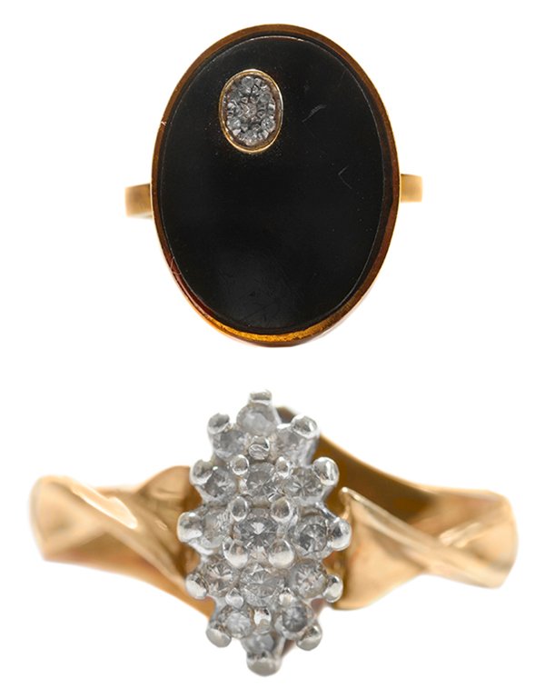 Two Gold and Diamond Rings: one with bezel set onyx, measures 17.5 x 13.25 mm., seven round single-cut diamonds, total estimated diamond weight 0.04 cts.,18 kt. yellow gold mount, 3.9 grams gross weight, size 5-3/4, [setting and