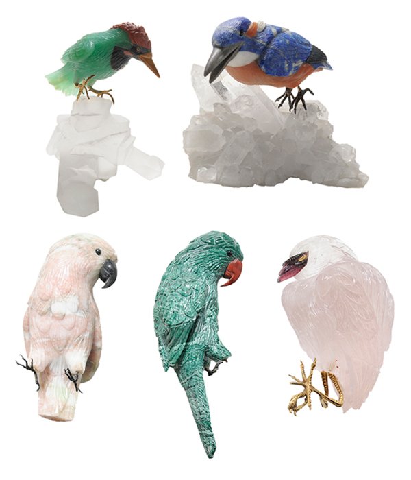 Five Carved Hardstone Bird Figures: E. Ebehard Bank lapis lazuli, chalcedony, white agate quartz kingfisher figure, on smoky quartz natural crystal base, marked under beak "EB", with a technical certificate of purchase dated July 1982,