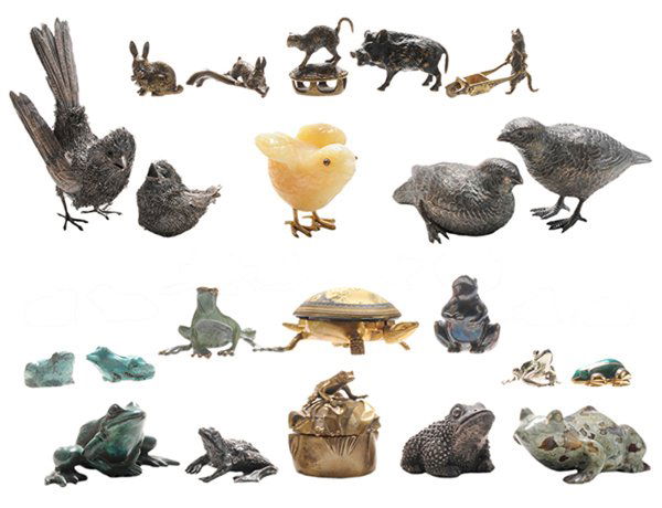 Twenty-Two Assorted Silver, Carved: Hardstone, Turquoise, Metal Animal Figures 20th century: two carved turquoise seated frogs; four silver seated frogs, including one by Hancocks & Co., London; Jack and Mary Regat cast bronze seated fr