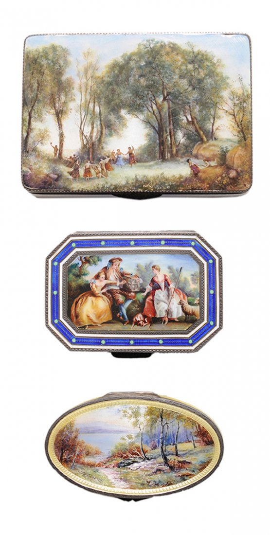 Three Enamel Boxes: one gilt silver octagonal form with scene with three figures, dog, sheep and caged birds in landscape, royal blue and white background, unmarked, 3 x 2-1/4 in., [scratches]; one oval with yellow backg