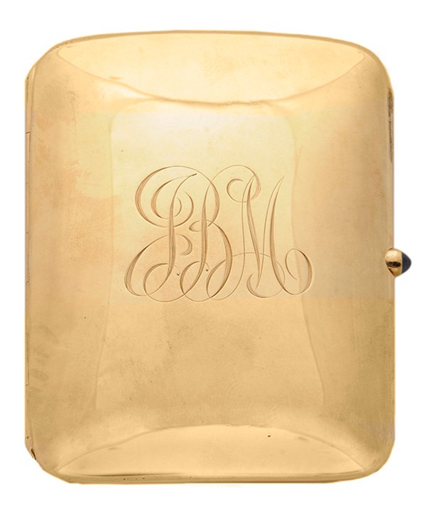 Tiffany & Co. 15 Kt. Yellow Gold: London, 1902, rectangular curved body case, cabochon blue sapphire latch, marks for retailer Tiffany & Co. and maker J. Millward Banks, 15 kt. gold, monogram "JBM", 91.9 grams, 3-1/4 x 2-1/2 in.; with