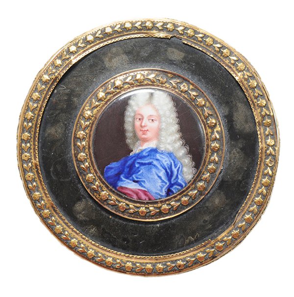 Gold Mounted Circular Tortoise Shell: and Enameled Portrait Snuff Box French, late 18th century, cover inset with circular enameled portrait of a regent with gold garland surround, unsigned, 1-1/8 x 2-3/8 in. diameter, gold mounts loose o
