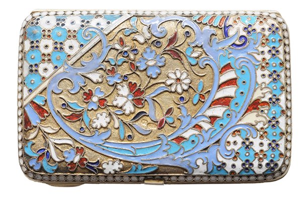 Russian Gilt Silver Case: late 19th/early 20th century, rectangular with blue, white and red scroll and floral enamel decoration, maker "BA", .875 fine, no monogram, 4.35 oz. T., 1/2 x 3-3/4 x 2-3/8 in., interior regilded, chi