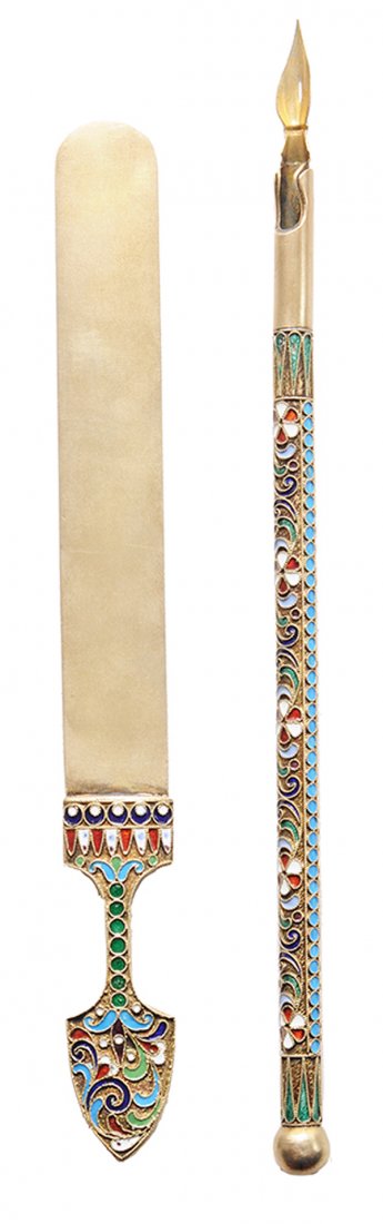 Russian Gilt Silver Enamel Paper: Knife and Pen early 20th century, both with floral and scroll enamel decoration, marked "G?", possibly Gregory Pankratym, .875 fine, no monogram, 1 oz. T., pen, 7-1/4 in. and 6-1/2 in. letter opener; 