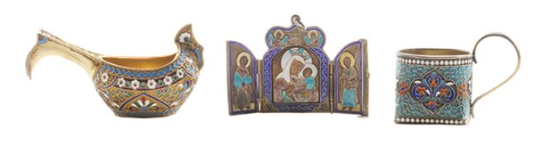 Three Pieces Russian Enamel Silver: late 19th century, one vodka cup, blue, red and white scroll enamel decoration, gilt finish, marks for Moscow, maker's mark possibly "GK" (possibly Gustav Klingert), assayer "A.A", 1895, 1-3/4 x 2-1/2