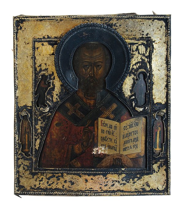 Russian Icon: (Moscow, 18th century) St. Nicholas The Miracle Worker, with a gilt silver repousse oklad with Cyrillic mark "AOP", Andrei Titov, assayer, 1795, .875 fine, nimbus later with marks for Moscow and maker