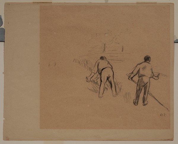 Camille Pissarro: (French, 1831-1903) [Hommes aux faucilles], 1884, signed lower right "C.P.", inscribed lower right "O.C.P. (8)III (?)8" and inscribed verso in pencil "20324-1" and "9244 Hanney", charcoal on brown pap