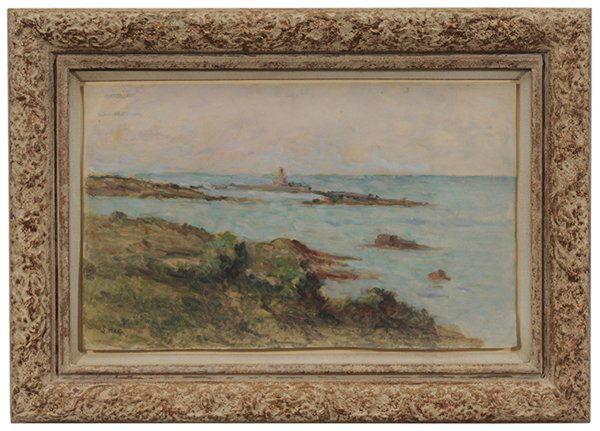 Maximilien Luce: (French, 1858-1941) Coastal Landscape, signed lower left in pencil "Luce", oil on vellum, 10 x 16-1/2 in.; painted wood and composition frame, floated, stamp upper left showing through to front, creas