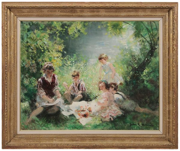 Jules René Hervé: (French, 1887-1981) Children's Picnic, signed lower right "Jules R. Hervé" and verso, oil on canvas, 28-5/8 x 36-1/4 in.; modern gilt wood frame, original stretcher and tacking edge. Provenance: Coll
