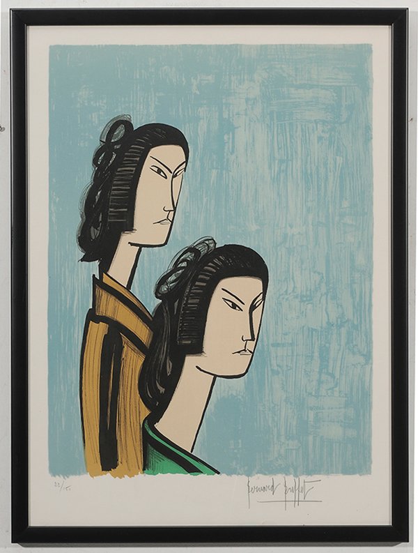 Bernard Buffet: (French, 1928-1999) [Les Japonaises], edition 22/150, signed lower right "Bernard Buffet", lithograph on Arches paper, 30 x 22-1/8 in.; black modern frame, stain in bottom margin, loose. Provenance: B