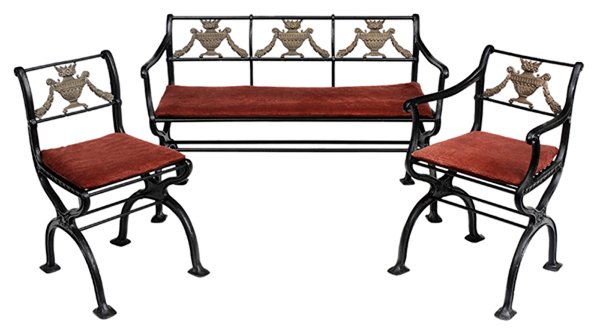 Three-Piece Cast Iron and Bronze: Classical Garden Suite British or French, 19th century, each klismos form with cast bronze urn and foliate swag back, black-painted cast iron frames, set with velvet-upholstered cushions, settee 29 x 