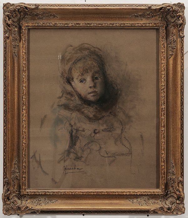 Glenn Cooper Henshaw: (New York/Indiana/Maryland, 1880-1946) "Little Waif of Baltimore" circa 1900, signed lower left "Henshaw", pastel on brown paper, 22-1/4 x 18 in.; gilt wood and composition frame, light rubbing, laid 