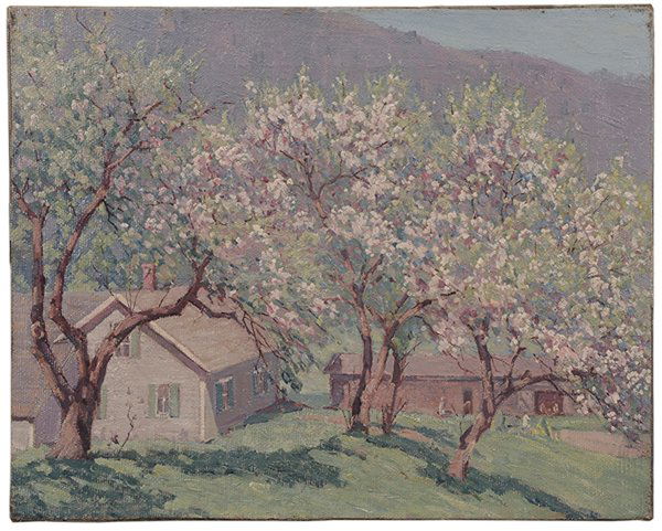Gustave Cimiotti: (New York, 1875-1969) Spring Landscape with Farm, unsigned, oil on canvas, 16 x 20 in.; unframed, restretched on old stretcher, lined with wax and linen. Provenance: Estate of the Artist; Estate of Ra
