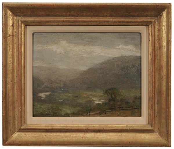 William S. Robinson: (Pennsylvania/New York/Connecticut, 1861-1945) "Arkville, NY, Sept. 1905", signed lower left "Wm. S. Robinson", oil on artist board, 7-1/8 x 9-1/4 in.; gilt wood frame, flaking upper right. Provenance