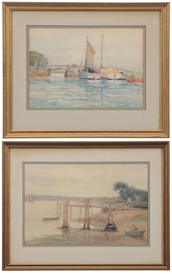 William S. Robinson: (Pennsylvania/New York/Connecticut, 1861-1945) Two coastal watercolors: Boat at Low Tide, signed lower left "WILL S. ROBINSON", 12-1/2 x 19-1/8 in., [foxing upper half, toning, light fading, laid on b