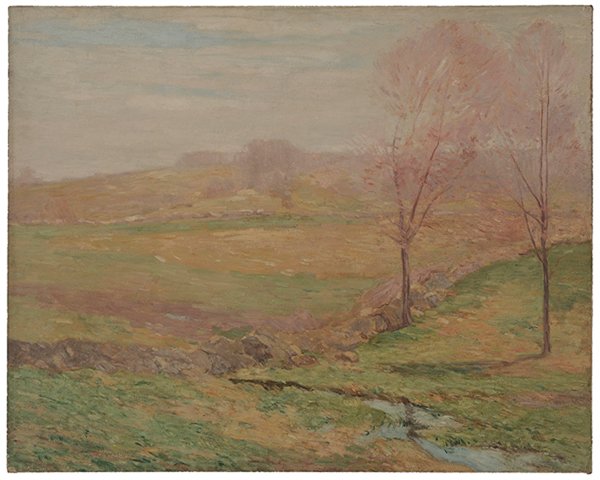 Attributed to William S. Robinson: (Pennsylvania/New York/Connecticut, 1861-1945) Spring Landscape with Rock Wall, unsigned, oil on canvas, 40 x 50 in.; unframed, original stretcher and tacking edge, crackle, abrasions, light grime. Pr