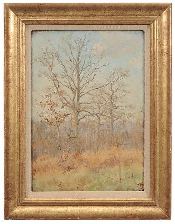 Attributed to Robert William Vonnoh: (New York/Connecticut, 1858-1933) Early Winter Landscape, unsigned, oil on on panel, 13-7/8 x 9-7/8 in.; gilt wood frame, wear at edges; frame with abrasions. Provenance: Estate of Ray & Kitty Ketcham