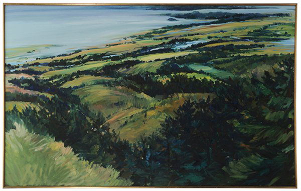 Deborah Brown: (California, born 1955) Skagit Delta, Strait of San Juan, 1986, oil on canvas, 50 x 80 in., excellent condition with very slight crackle. Provenance: Estate of Teck A. Wilson, Florida