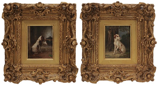 Continental School: (19th century) Pair dog paintings: Dog in a Landscape with Gun and Bag on Tree, Dog in Barn, one signed lower right "De Fuer", oil on panel, 4-3/8 x 3-1/8 in.; matching gilt wood and composition frame