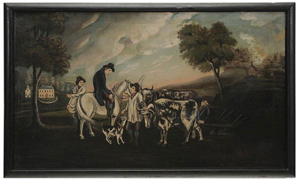 British School: (18th century) Man on Horseback with Farmer in a Landscape, unsigned, oil on artist board, 23 x 39-3/8 in.; black painted frame, lined with wax and linen, crackle, some flaking, scattered retouch affe