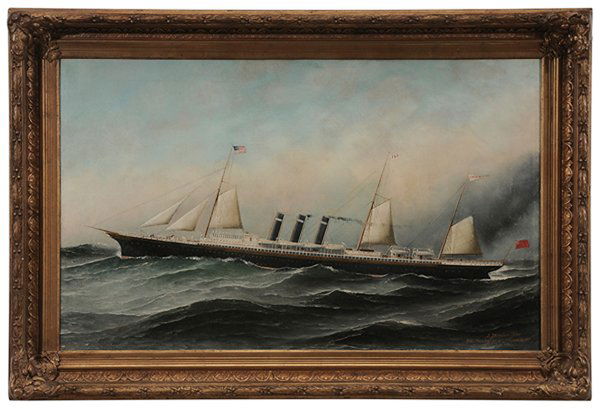 Antonio Nicolo Gasparo Jacobsen: (New York/New Jersey, 1850-1921) The Screw Steamship "City of New York", Inman Line, signed lower right "A. Jacobsen 1890/705 Palisade Av West Hoboken, NY", oil on canvas, 22 x 36 in.; modern frame, l