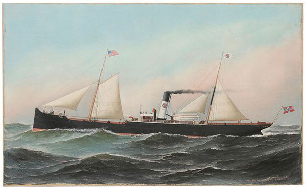 Antonio Nicolo Gasparo Jacobsen: (New York/New Jersey, 1850-1921) The Norwegian Screw Steamship [Alert], signed lower right "A. Jacobsen 1892/705 Palisade Av West Hoboken, NY", oil on canvas, 22 x 36 in.; original gilt wood and compo