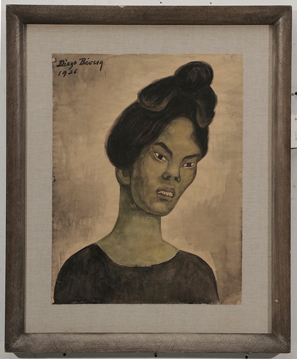 Diego Rivera: (Mexican, 1886-1957) Portrait of a Woman, 1936, signed upper left "Diego Rivera/1936", watercolor over pencil on paper, 24-3/4 x 18-3/4 in.; painted wood frame, hinged on linen covered mount, toning, 