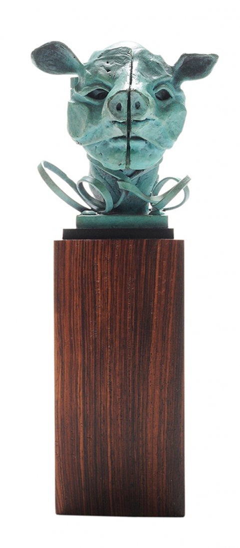 Ted Gall: (California, born 1941) Pig Head, signed "T. Gall ©", bronze, verdigris patination, 10-1/4 in. with wood base, good condition. Provenance: Tampa, Florida Private Collection