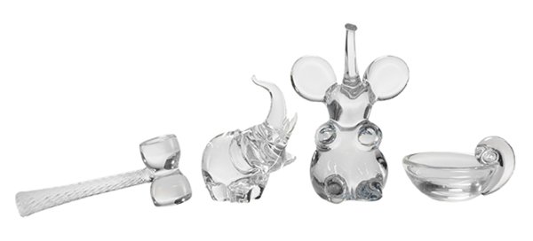Four Pieces Steuben, Daum,: Val St. Lambert Table Articles American/French, 20th century: including a Daum, France, figure of seated elephant, 9-1/2 in.; with a signed Steuben figure of an elephant, 7 in.; signed vintage Steuben