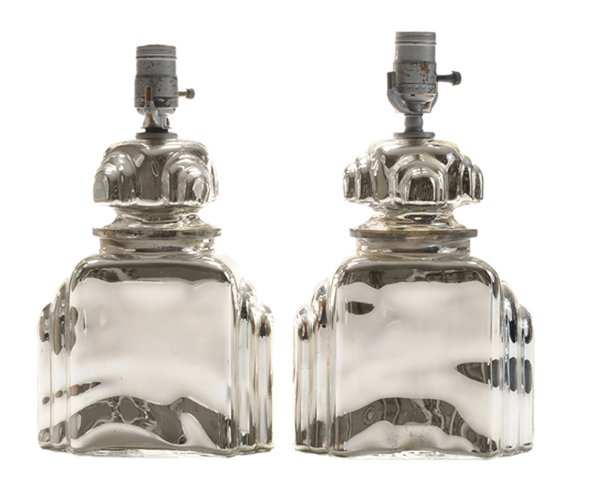 Pair Art Deco Mercury Glass Lamps: probably American, early to mid-20th century, each in the form of a lidded jar, 12 in., good condition, scattered minor distress to mercury surface. Provenance: Estate of Michael Maximilian Drake Von 